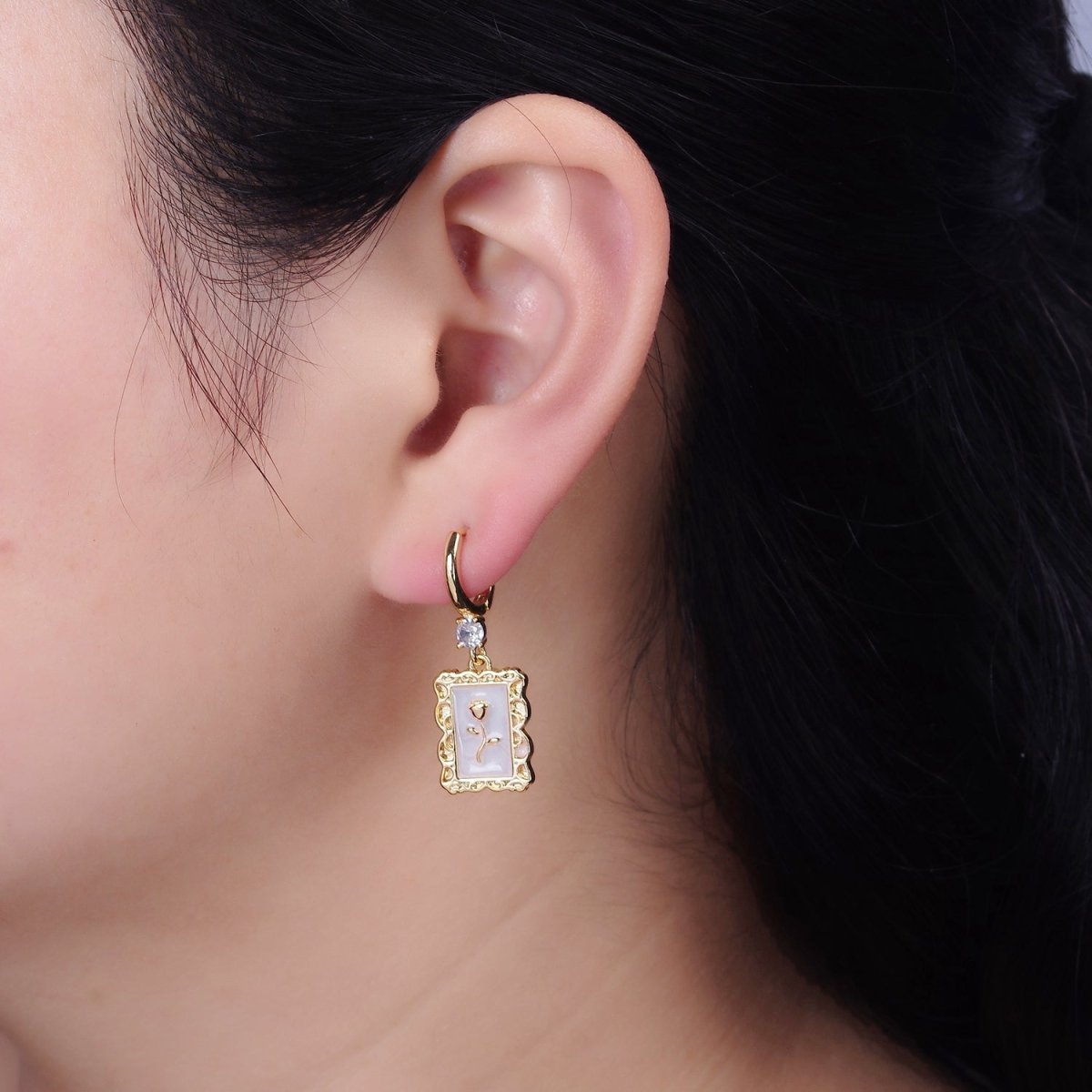 16K Gold plated Pink, White, Blue Sparkly Enamel Rose Flower Rectangular CZ Drop Huggie Earrings | Y-861 ~ Y-863 - DLUXCA