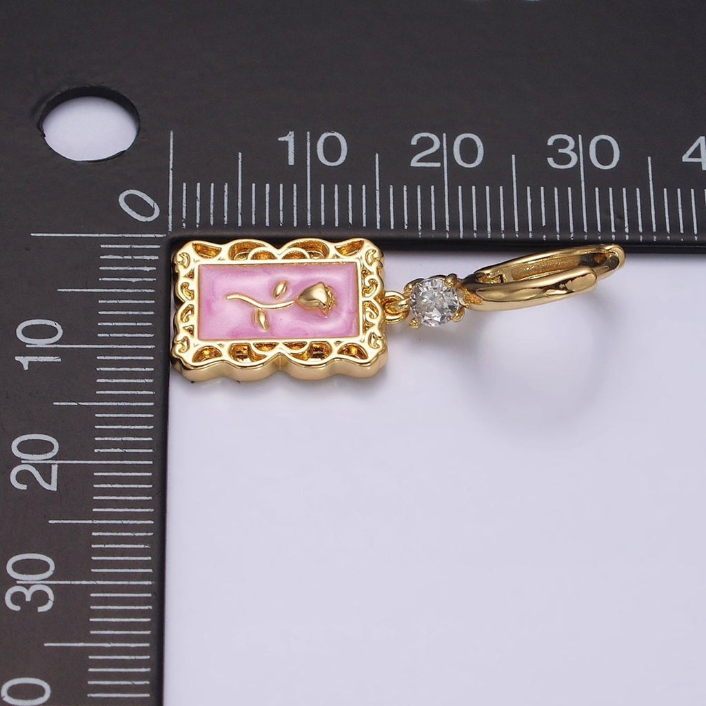 16K Gold plated Pink, White, Blue Sparkly Enamel Rose Flower Rectangular CZ Drop Huggie Earrings | Y-861 ~ Y-863 - DLUXCA
