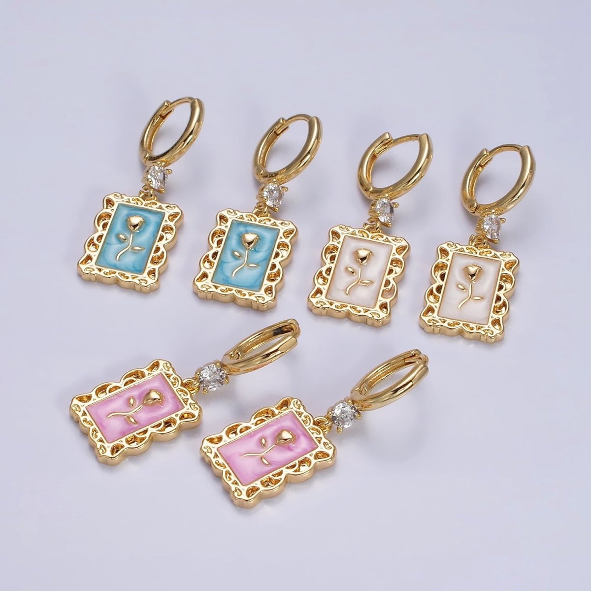 16K Gold plated Pink, White, Blue Sparkly Enamel Rose Flower Rectangular CZ Drop Huggie Earrings | Y-861 ~ Y-863 - DLUXCA