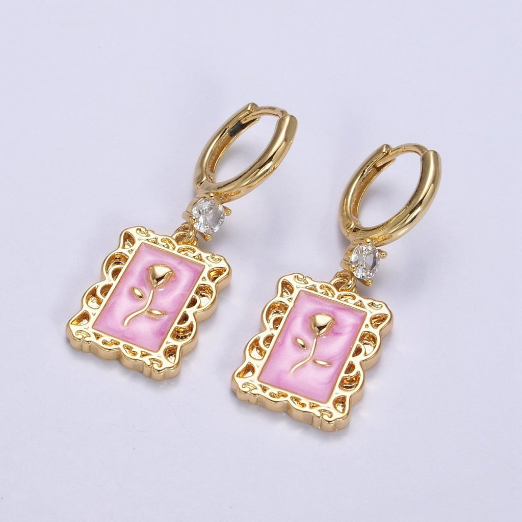 16K Gold plated Pink, White, Blue Sparkly Enamel Rose Flower Rectangular CZ Drop Huggie Earrings | Y-861 ~ Y-863 - DLUXCA