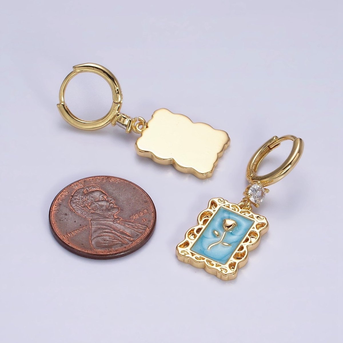 16K Gold plated Pink, White, Blue Sparkly Enamel Rose Flower Rectangular CZ Drop Huggie Earrings | Y-861 ~ Y-863 - DLUXCA