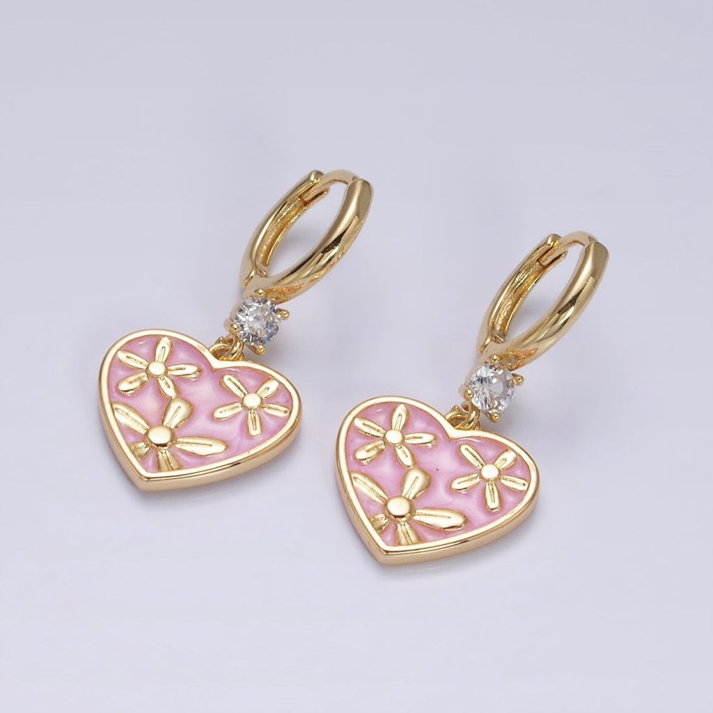 16K Gold plated Pink, White, Blue Sparkly Enamel Triple Flower CZ Drop Huggie Earrings | AD-396 AD-397 AD-398