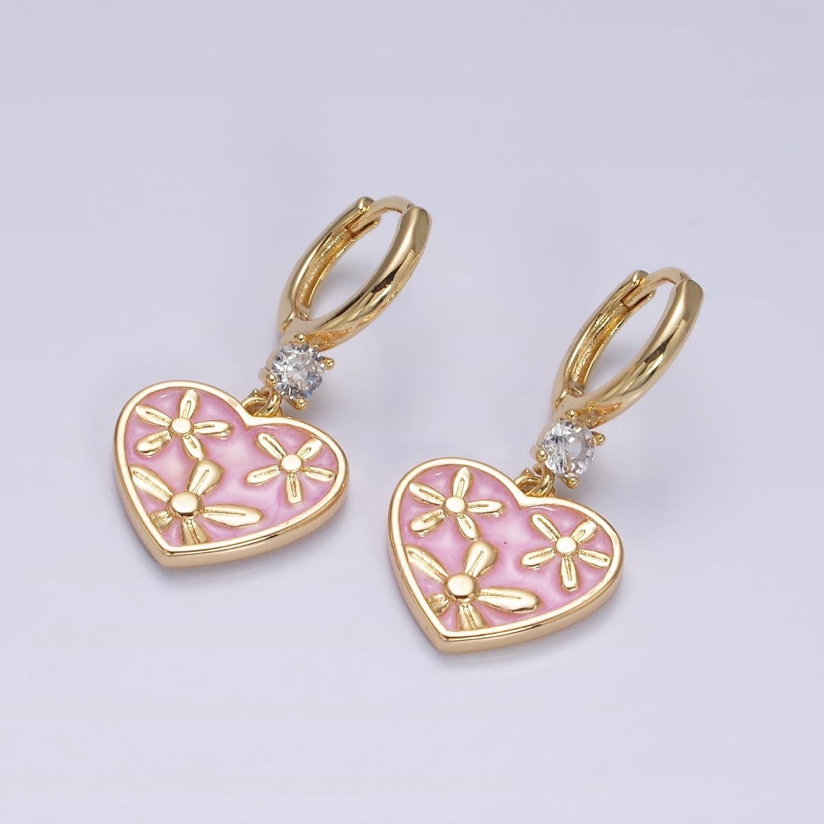 16K Gold plated Pink, White, Blue Sparkly Enamel Triple Flower CZ Drop Huggie Earrings | AD-396 AD-397 AD-398