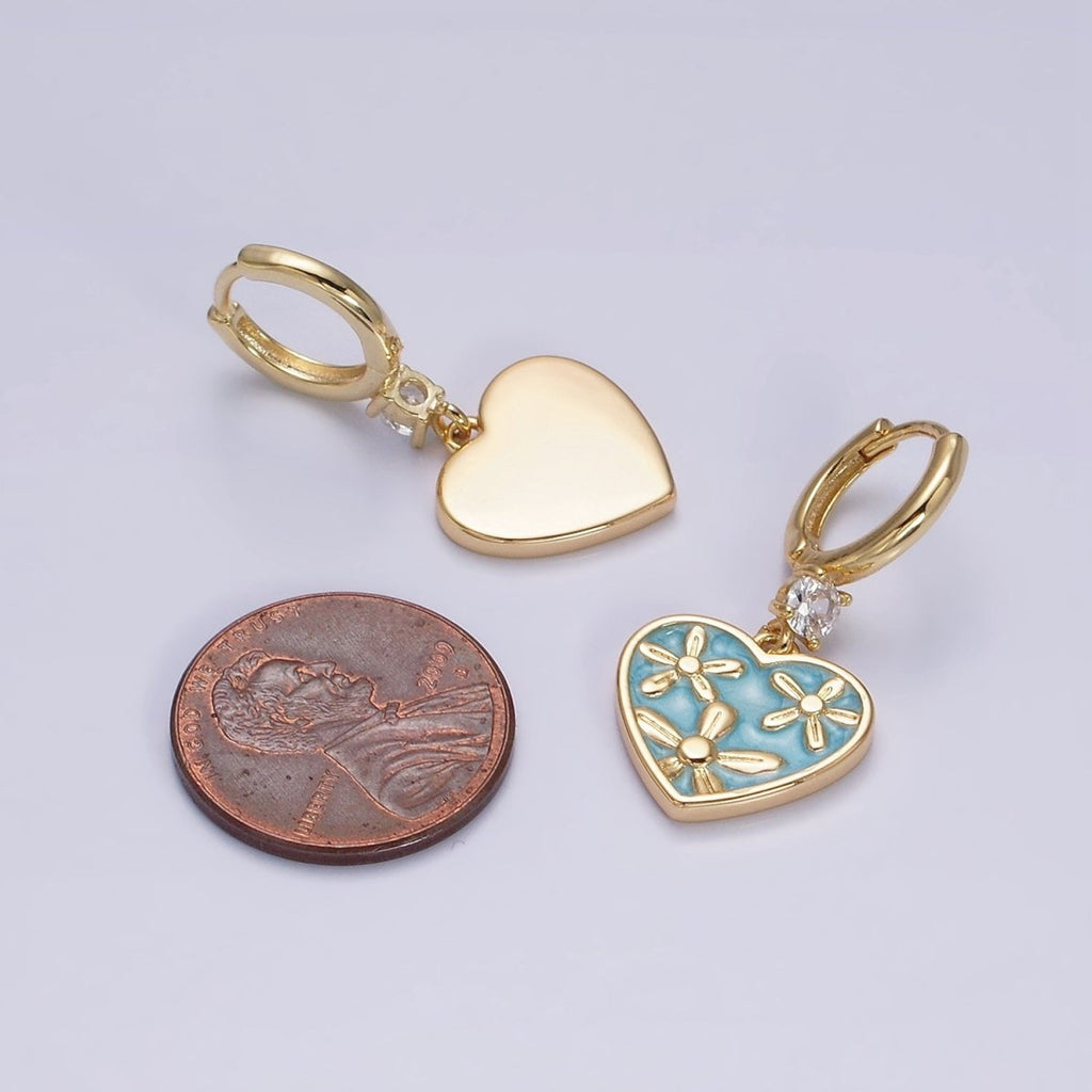 16K Gold plated Pink, White, Blue Sparkly Enamel Triple Flower CZ Drop Huggie Earrings | AD-396 AD-397 AD-398