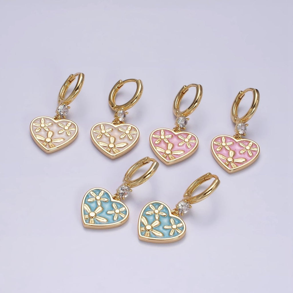 16K Gold plated Pink, White, Blue Sparkly Enamel Triple Flower CZ Drop Huggie Earrings | AD-396 AD-397 AD-398