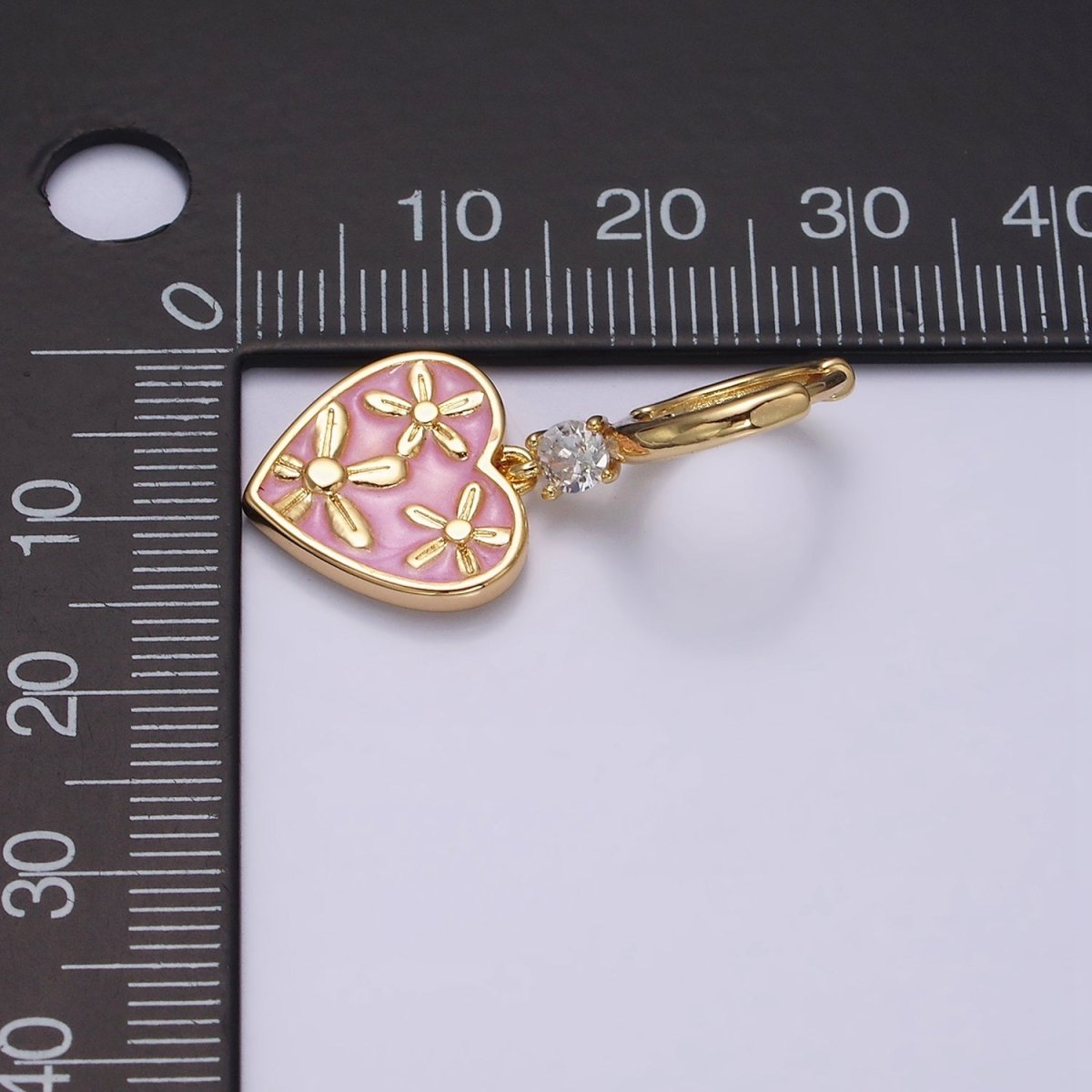 16K Gold plated Pink, White, Blue Sparkly Enamel Triple Flower CZ Drop Huggie Earrings | AD-396 AD-397 AD-398