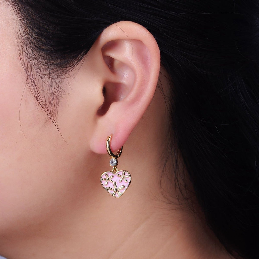 16K Gold plated Pink, White, Blue Sparkly Enamel Triple Flower CZ Drop Huggie Earrings | AD-396 AD-397 AD-398