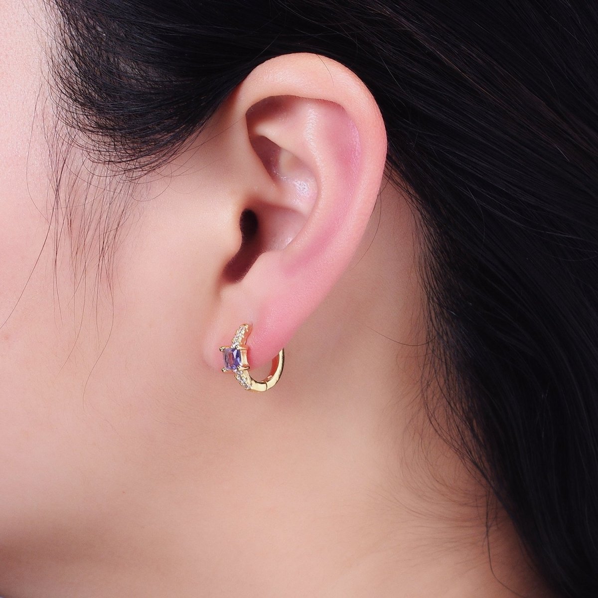 16K Gold plated Purple Square Micro Paved CZ 12.8mm Cartilage Huggie Earrings in Gold & Silver | AB968 AB969