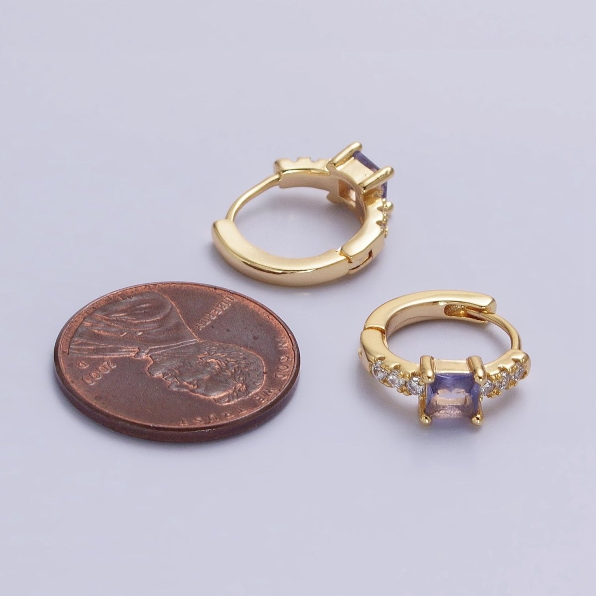 16K Gold plated Purple Square Micro Paved CZ 12.8mm Cartilage Huggie Earrings in Gold & Silver | AB968 AB969
