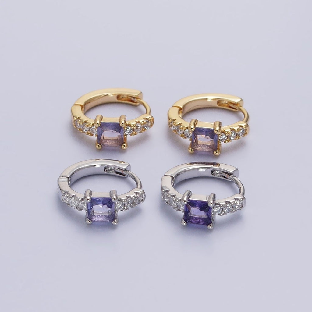 16K Gold plated Purple Square Micro Paved CZ 12.8mm Cartilage Huggie Earrings in Gold & Silver | AB968 AB969