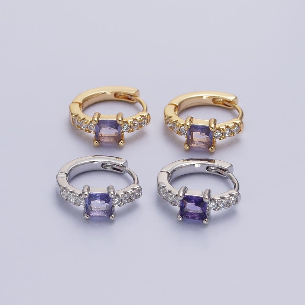 16K Gold plated Purple Square Micro Paved CZ 12.8mm Cartilage Huggie Earrings in Gold & Silver | AB968 AB969