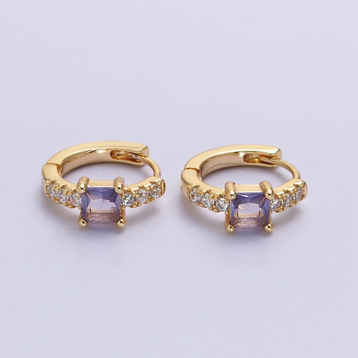 16K Gold plated Purple Square Micro Paved CZ 12.8mm Cartilage Huggie Earrings in Gold & Silver | AB968 AB969