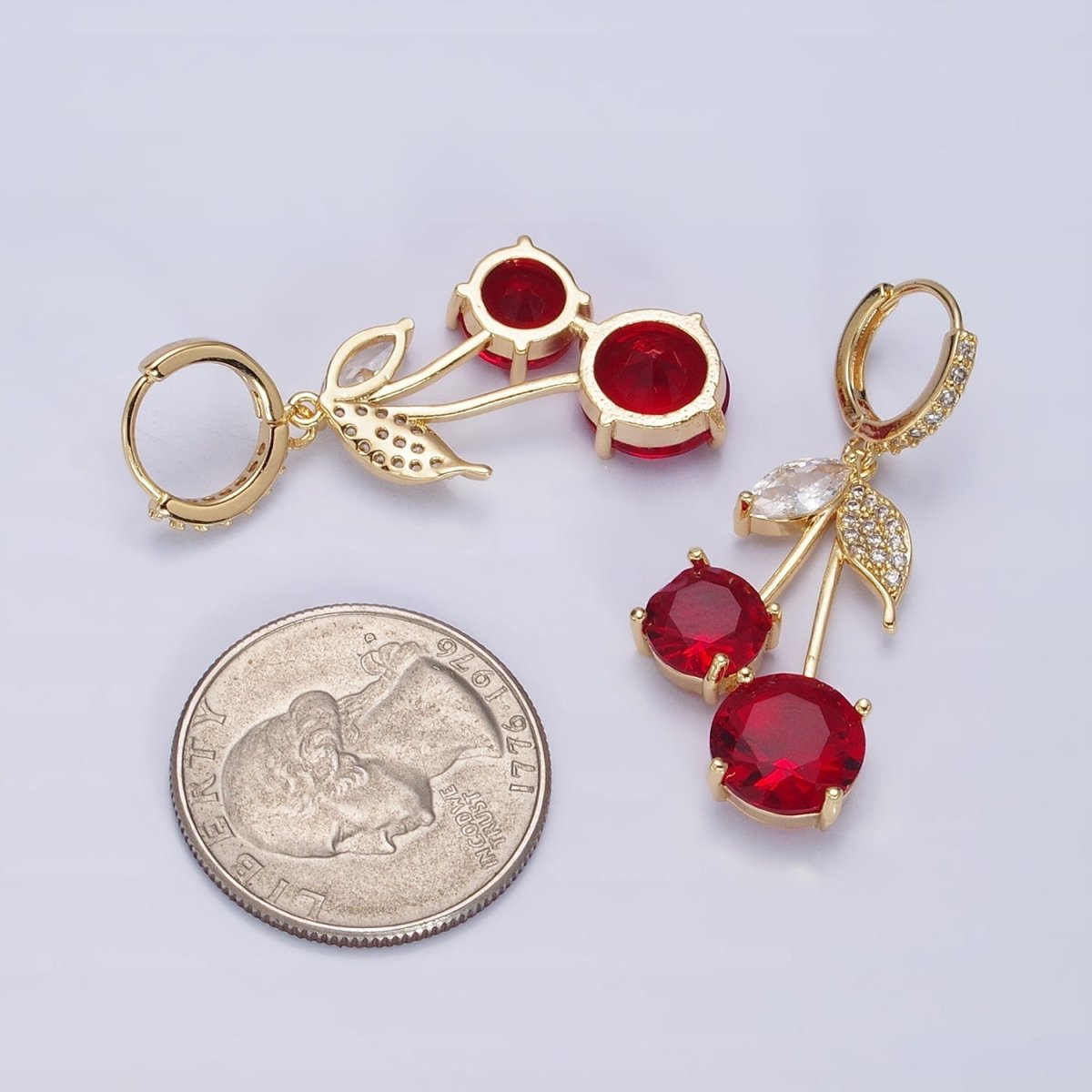 16K Gold plated Red Cherry Fruit Drop Micro Paved Huggie in Gold & Silver | AD933 AD934 - DLUXCA