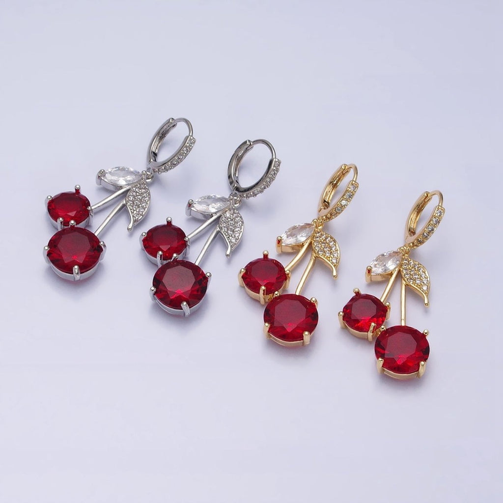 16K Gold plated Red Cherry Fruit Drop Micro Paved Huggie in Gold & Silver | AD933 AD934 - DLUXCA