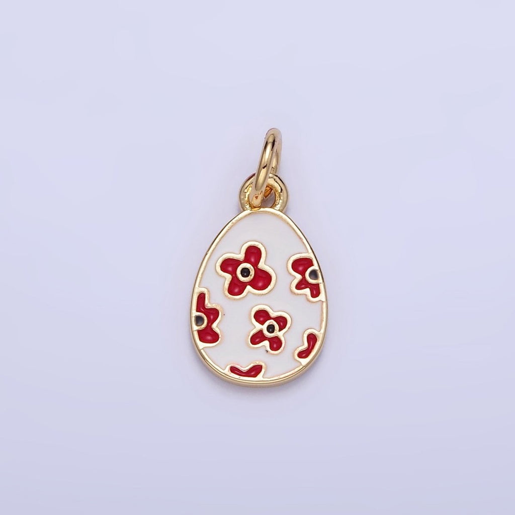 16K Gold plated Red Flower White Enamel Easter Egg Charm | C030 - DLUXCA