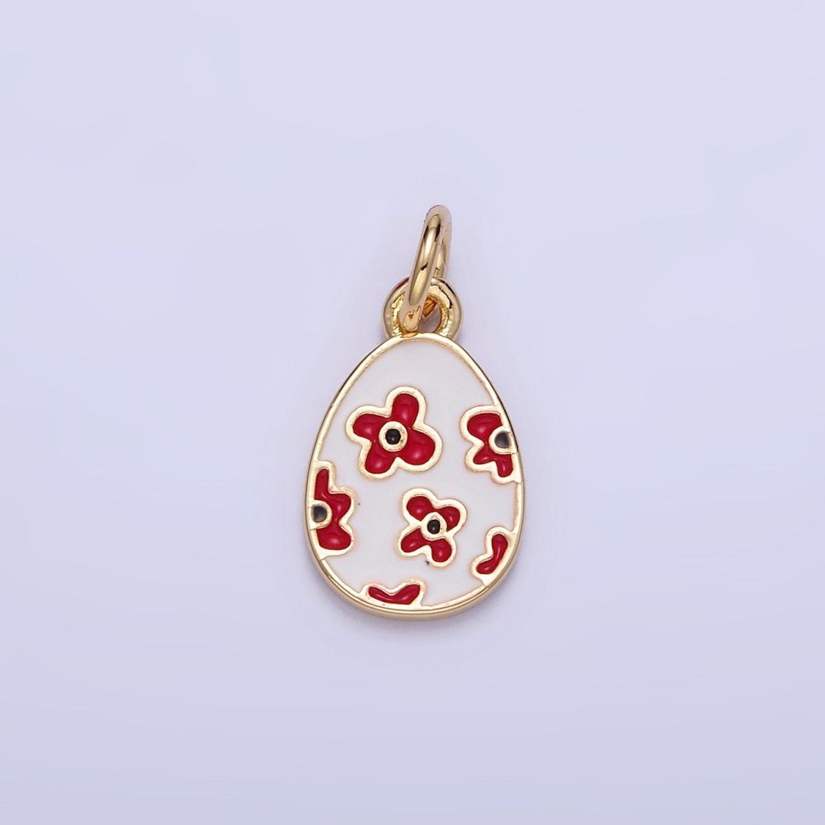 16K Gold plated Red Flower White Enamel Easter Egg Charm | C030 - DLUXCA