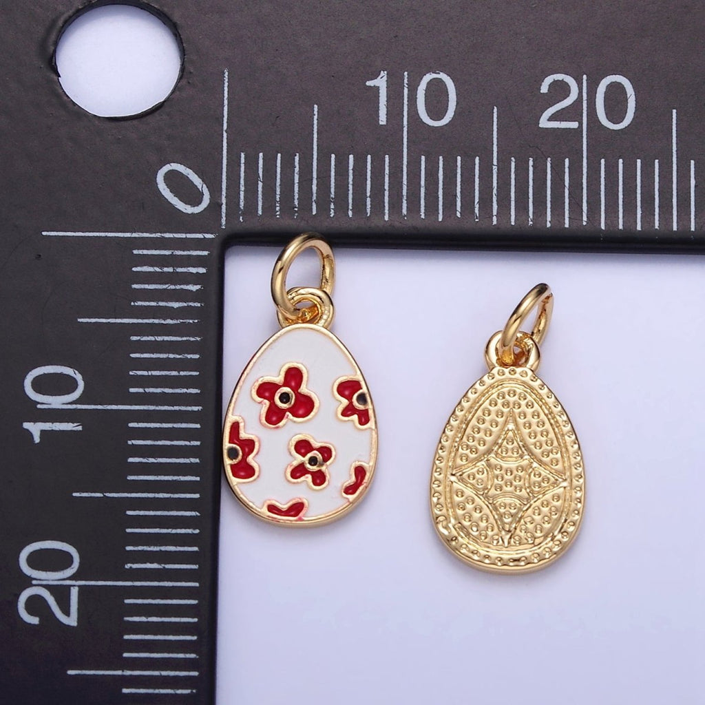 16K Gold plated Red Flower White Enamel Easter Egg Charm | C030 - DLUXCA