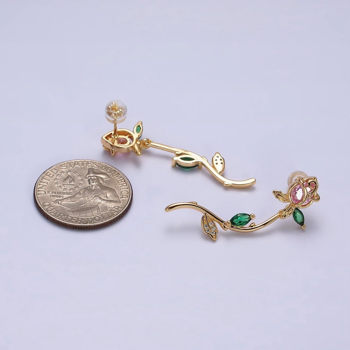 16K Gold plated Red, Pink Rose Flower Green Marquise CZ Gold Stud Earrings | AE825 AE826 - DLUXCA