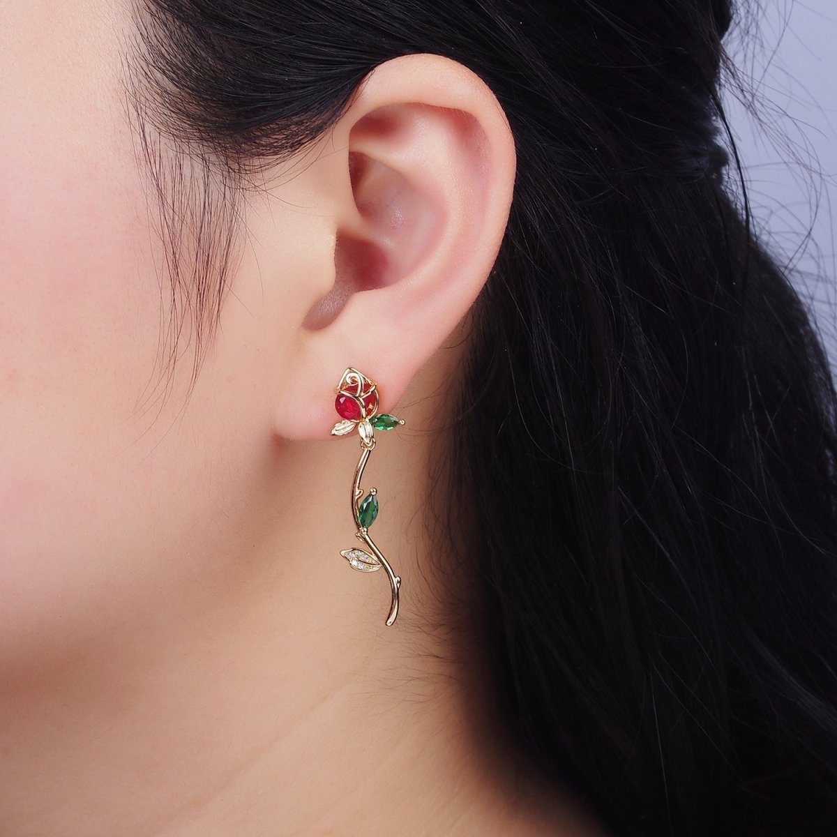 16K Gold plated Red, Pink Rose Flower Green Marquise CZ Gold Stud Earrings | AE825 AE826 - DLUXCA