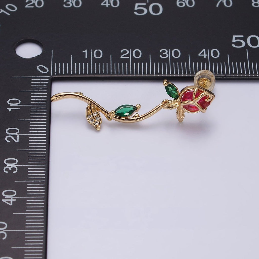 16K Gold plated Red, Pink Rose Flower Green Marquise CZ Gold Stud Earrings | AE825 AE826 - DLUXCA