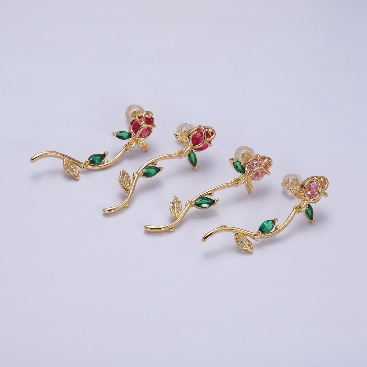 16K Gold plated Red, Pink Rose Flower Green Marquise CZ Gold Stud Earrings | AE825 AE826 - DLUXCA