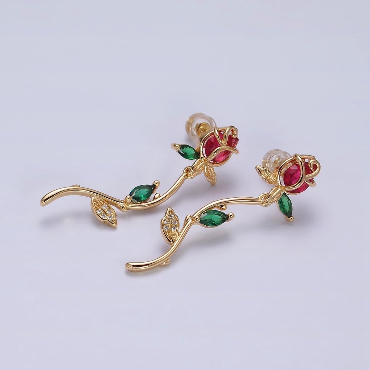 16K Gold plated Red, Pink Rose Flower Green Marquise CZ Gold Stud Earrings | AE825 AE826 - DLUXCA