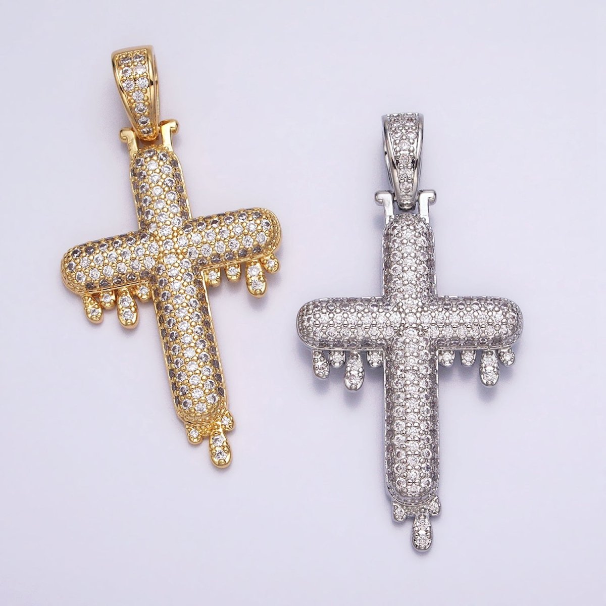 16K Gold plated Religious Cross Micro Paved CZ Drip 50mm Pendant in Gold & Silver | AA377 AA378