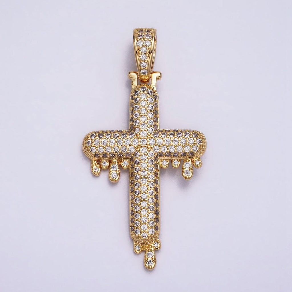 16K Gold plated Religious Cross Micro Paved CZ Drip 50mm Pendant in Gold & Silver | AA377 AA378