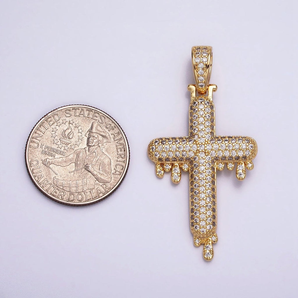 16K Gold plated Religious Cross Micro Paved CZ Drip 50mm Pendant in Gold & Silver | AA377 AA378