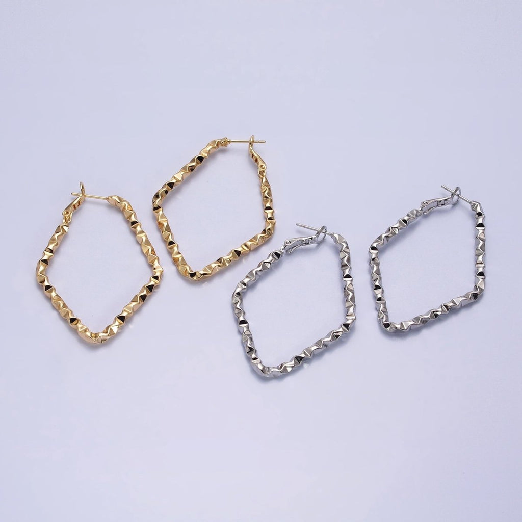 16K Gold plated Rhombus Dented Geometric Hinge Hoop Earrings in Gold & Silver | AB1488 AB1489