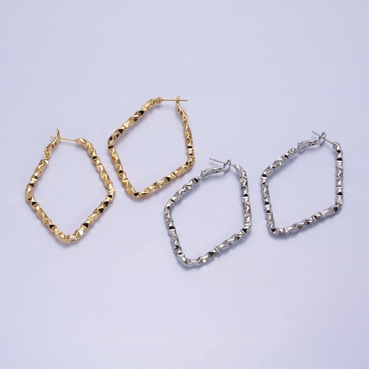 16K Gold plated Rhombus Dented Geometric Hinge Hoop Earrings in Gold & Silver | AB1488 AB1489