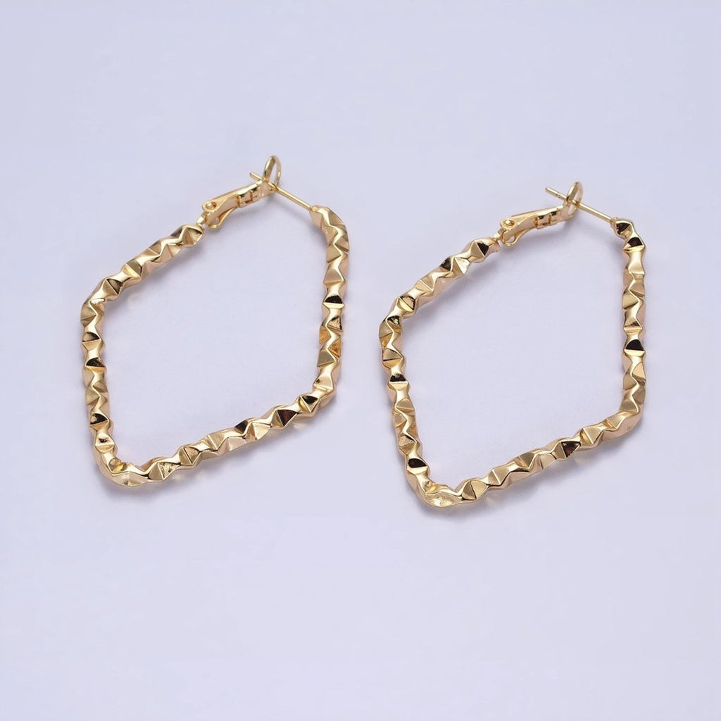 16K Gold plated Rhombus Dented Geometric Hinge Hoop Earrings in Gold & Silver | AB1488 AB1489