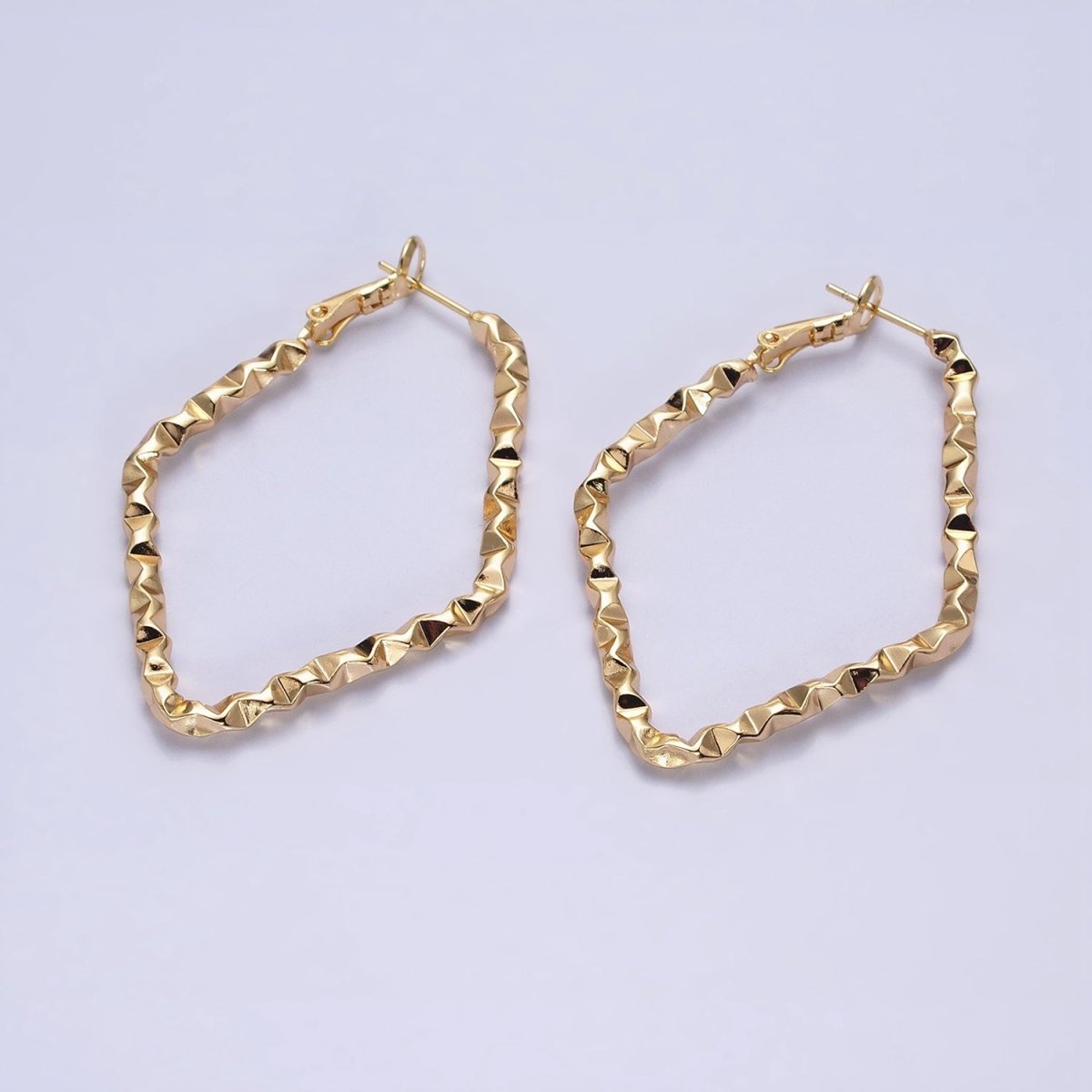 16K Gold plated Rhombus Dented Geometric Hinge Hoop Earrings in Gold & Silver | AB1488 AB1489