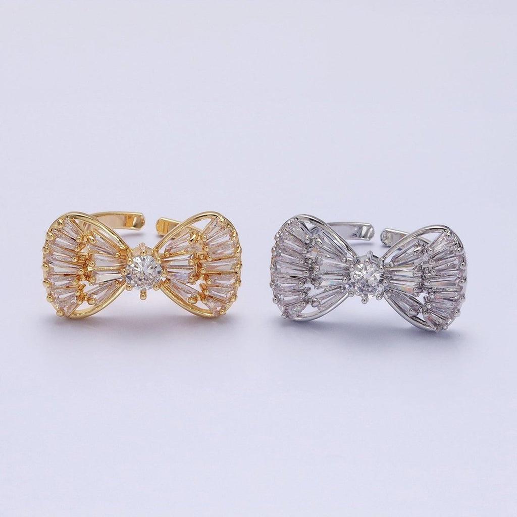 16K Gold plated Ribbon Bow Baguette Ring in Gold & Silver | O-559 O-560
