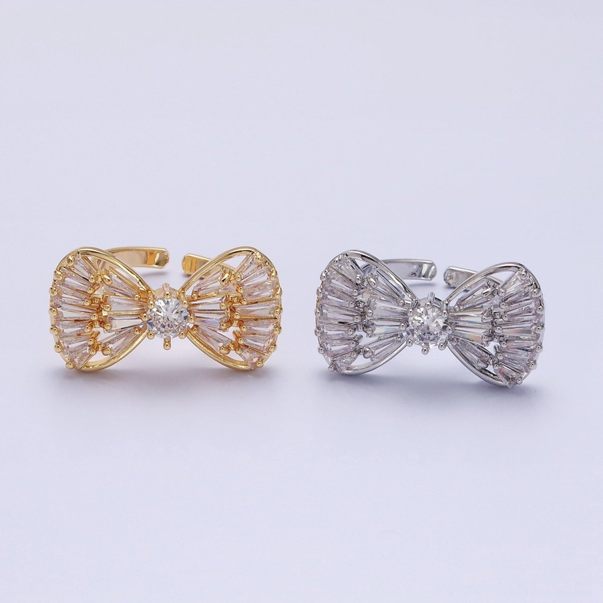16K Gold plated Ribbon Bow Baguette Ring in Gold & Silver | O-559 O-560