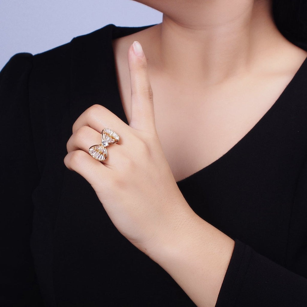 16K Gold plated Ribbon Bow Baguette Ring in Gold & Silver | O-559 O-560
