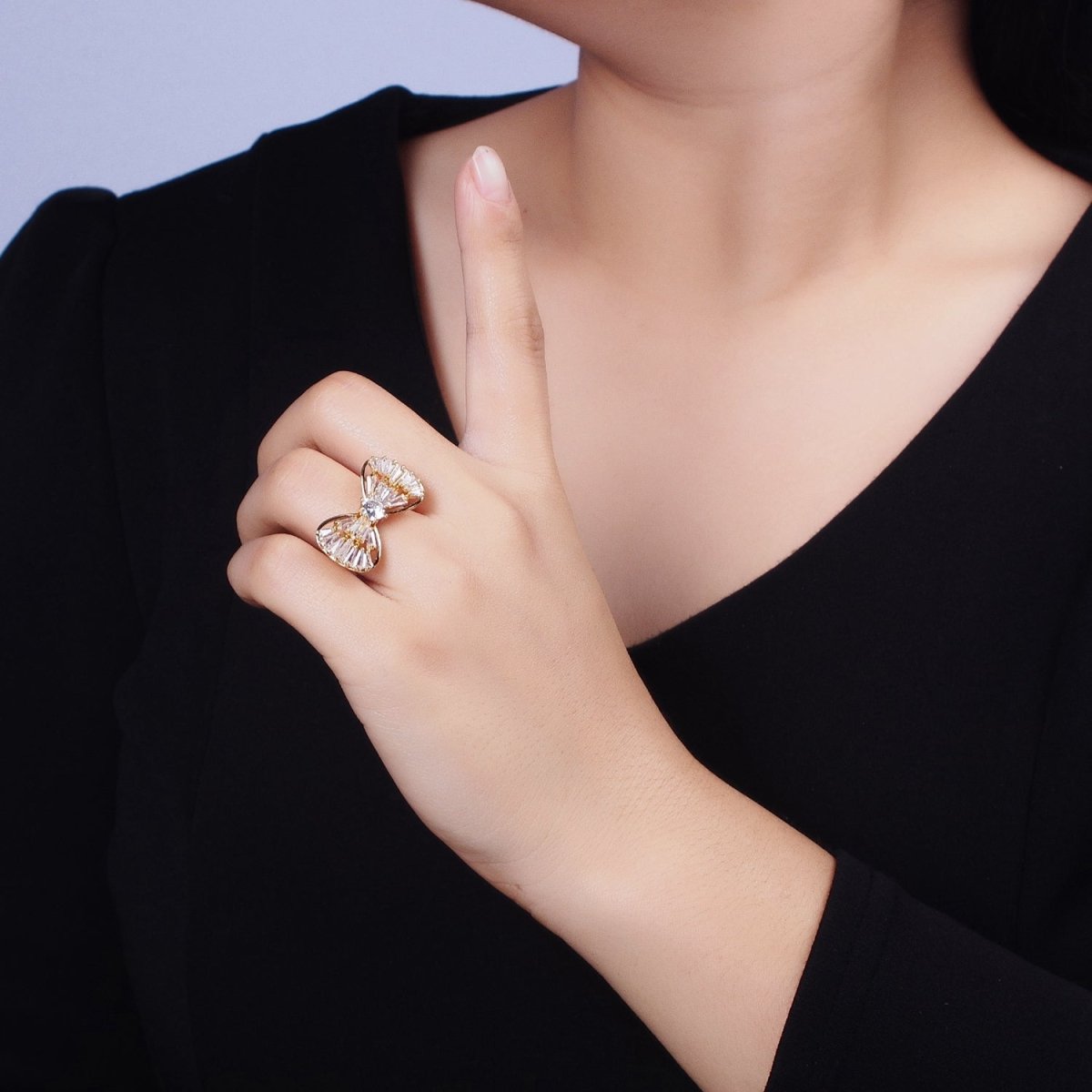 16K Gold plated Ribbon Bow Baguette Ring in Gold & Silver | O-559 O-560