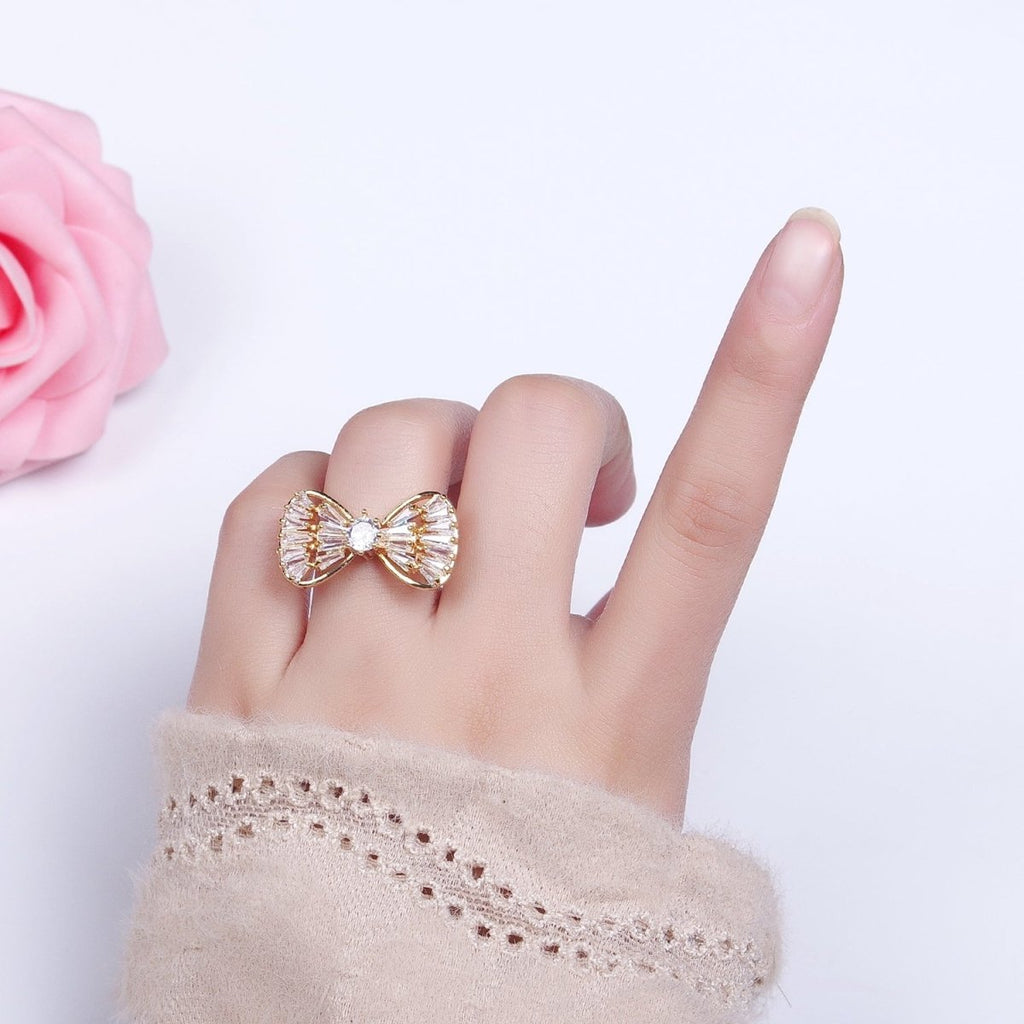 16K Gold plated Ribbon Bow Baguette Ring in Gold & Silver | O-559 O-560