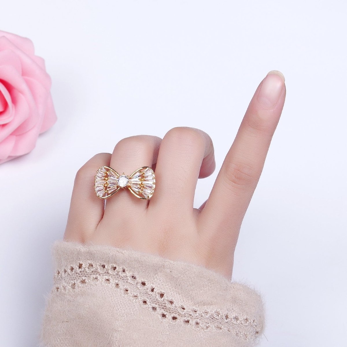 16K Gold plated Ribbon Bow Baguette Ring in Gold & Silver | O-559 O-560