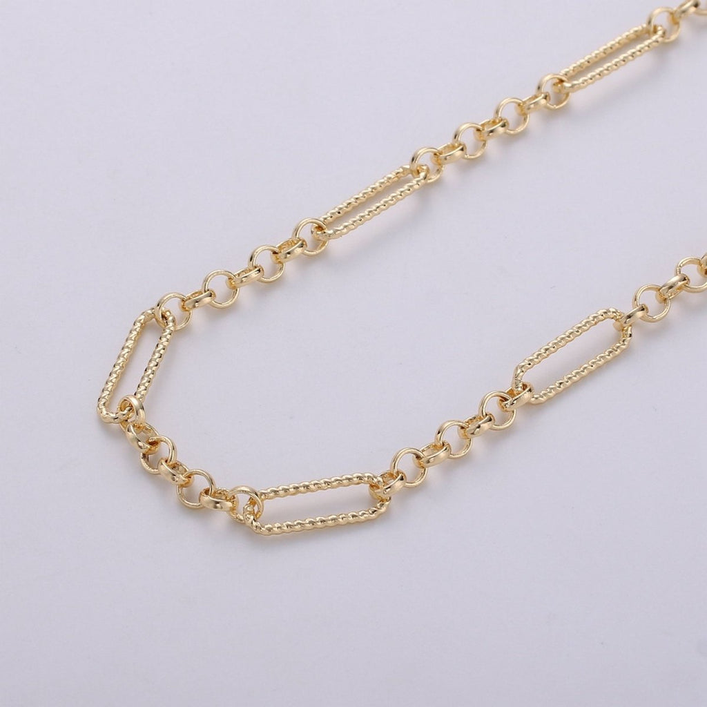 16K Gold plated Rolo Figaro Long and Short Fancy Chain, 3X14mm Sold By Yard, Bracelet, Necklace Chain Supply Component | ROLL-264 Clearance Pricing - DLUXCA