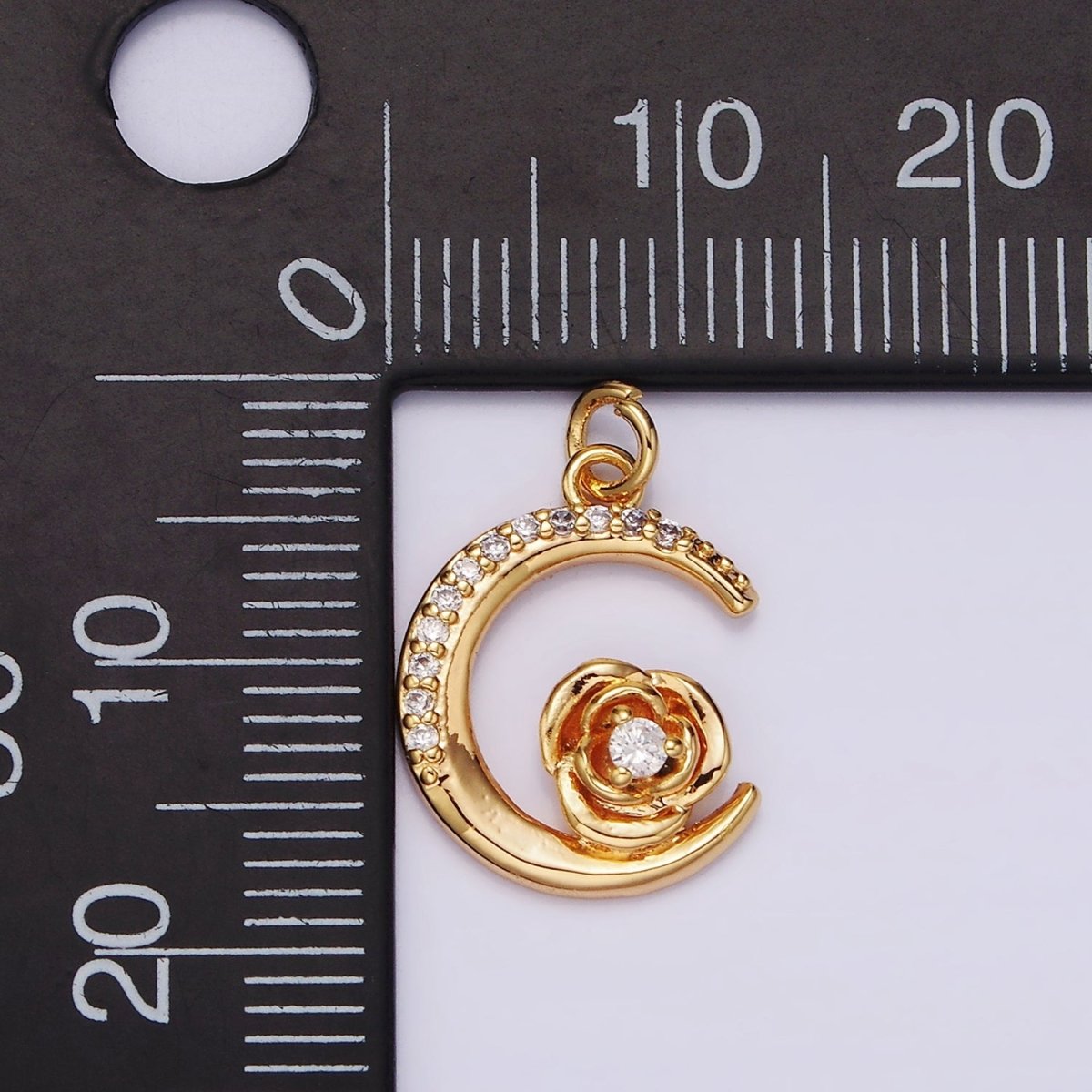 16K Gold plated Rose Flower Celestial Crescent Moon Micro Paved Charm | AG094 - DLUXCA