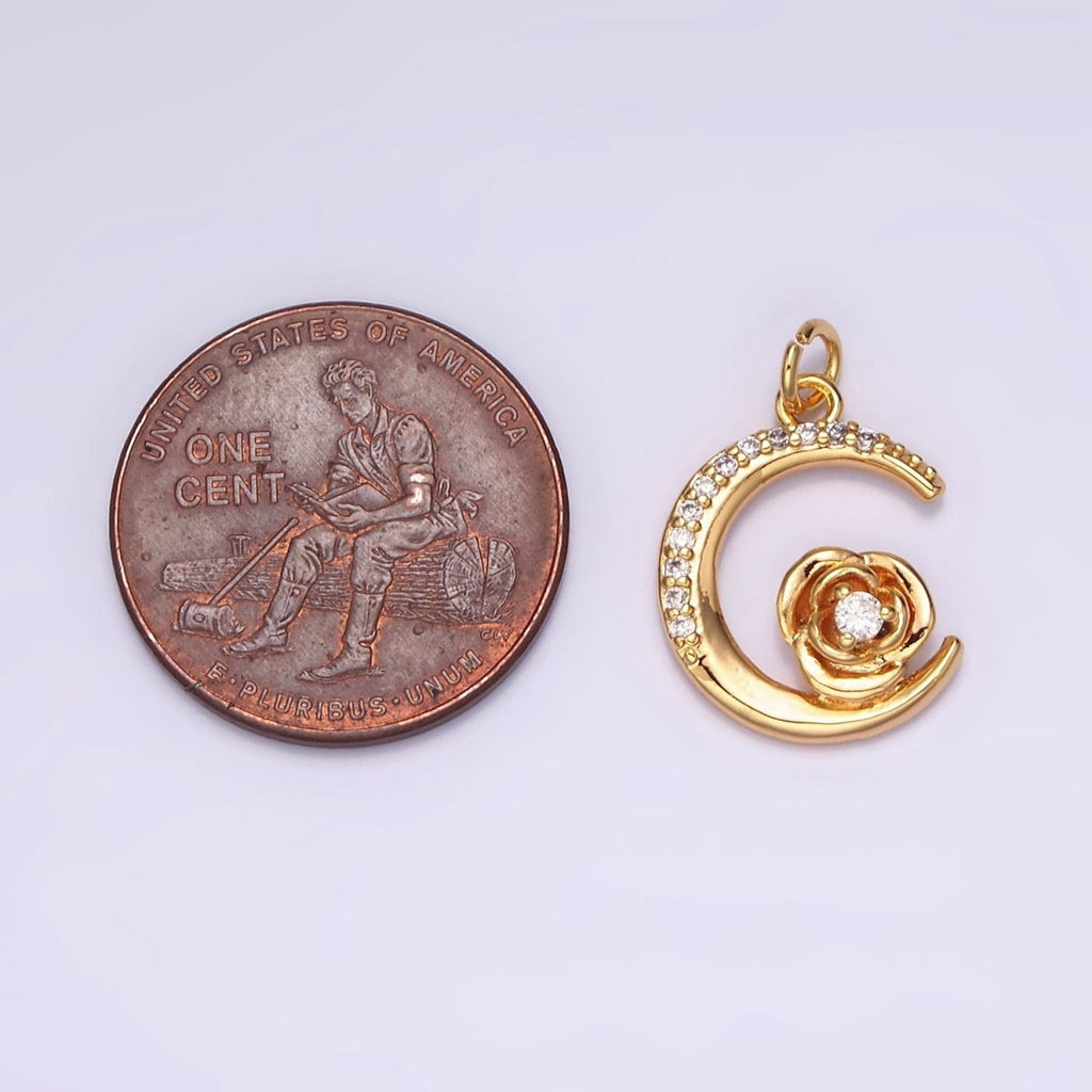 16K Gold plated Rose Flower Celestial Crescent Moon Micro Paved Charm | AG094 - DLUXCA