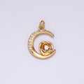 16K Gold plated Rose Flower Celestial Crescent Moon Micro Paved Charm | AG094 - DLUXCA