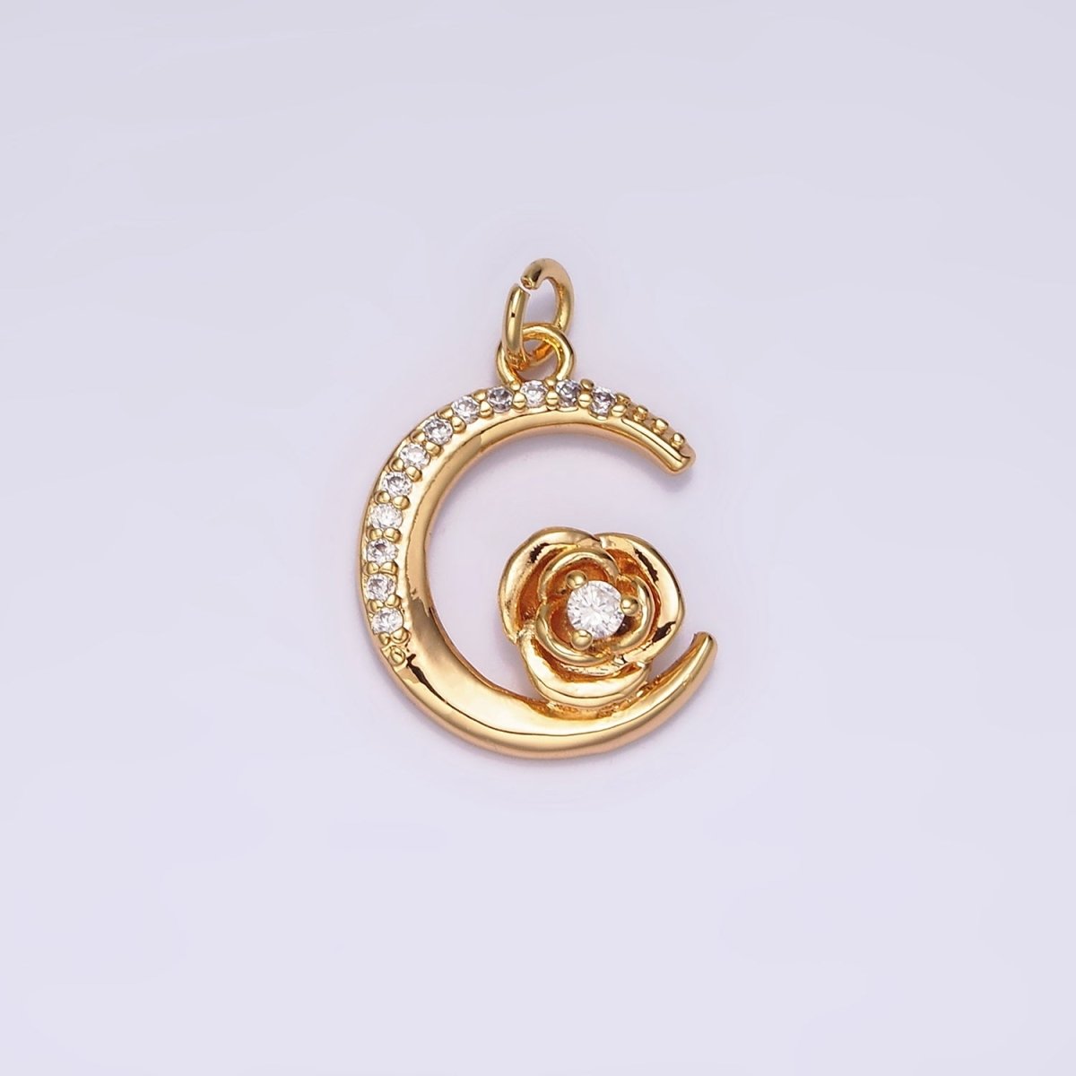 16K Gold plated Rose Flower Celestial Crescent Moon Micro Paved Charm | AG094 - DLUXCA