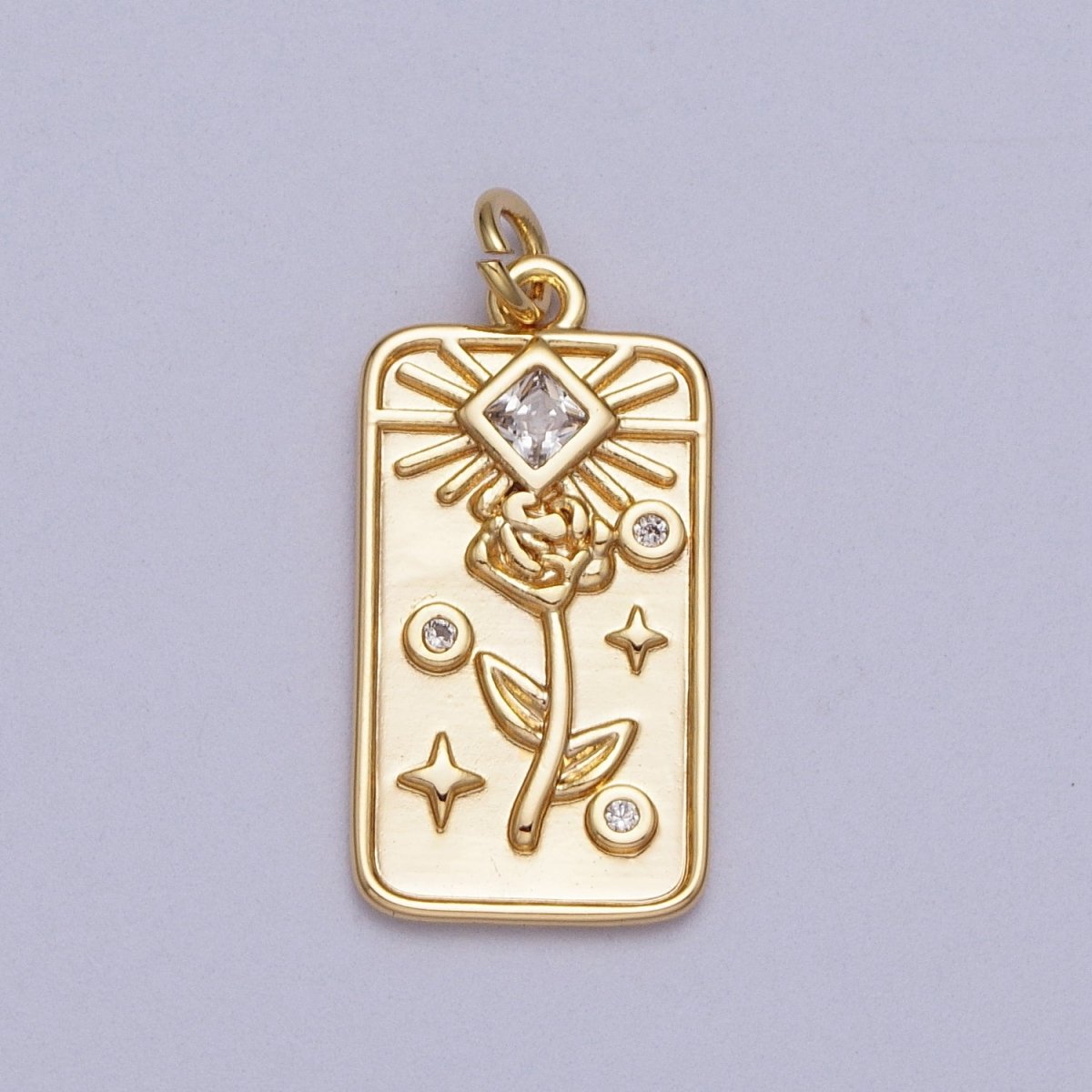 16K Gold plated Rose Flower Clear CZ Rhombus Tag Charm E-428 - DLUXCA