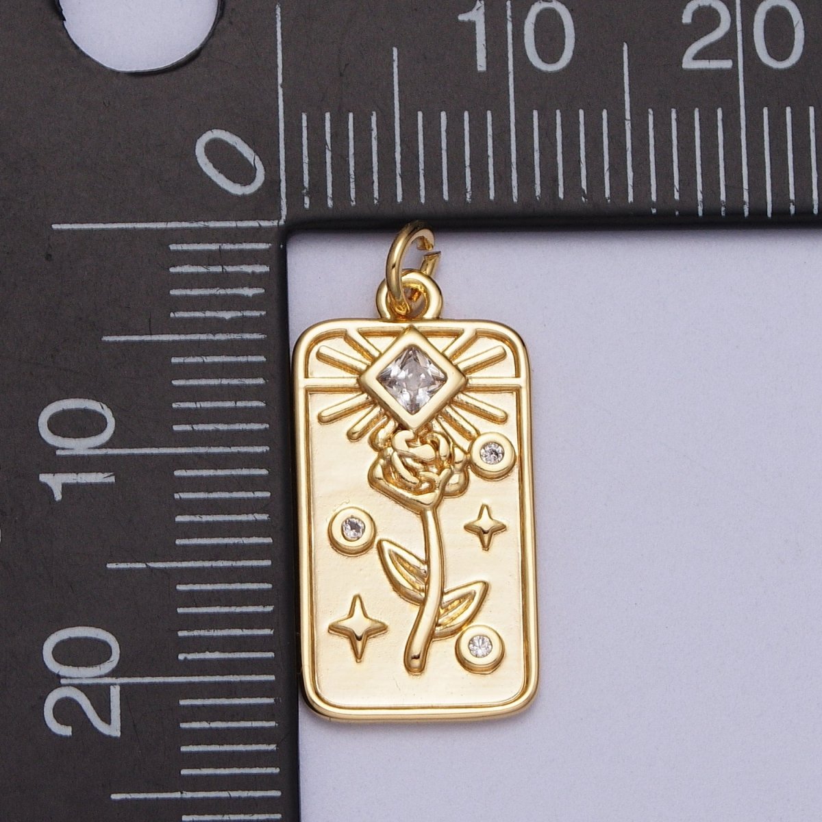 16K Gold plated Rose Flower Clear CZ Rhombus Tag Charm E-428 - DLUXCA