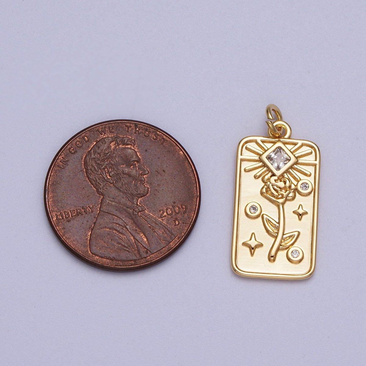 16K Gold plated Rose Flower Clear CZ Rhombus Tag Charm E-428 - DLUXCA