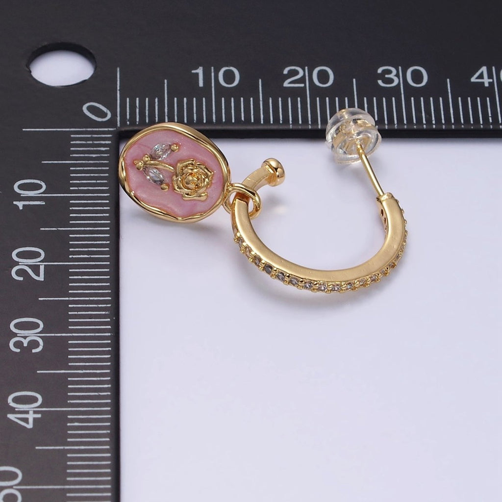 16K Gold plated Rose Flower Marquise White, Pink Enamel Drop Micro Paved C-Shaped Hoop Earrings in Gold & Silver | AD1012 - AD1015