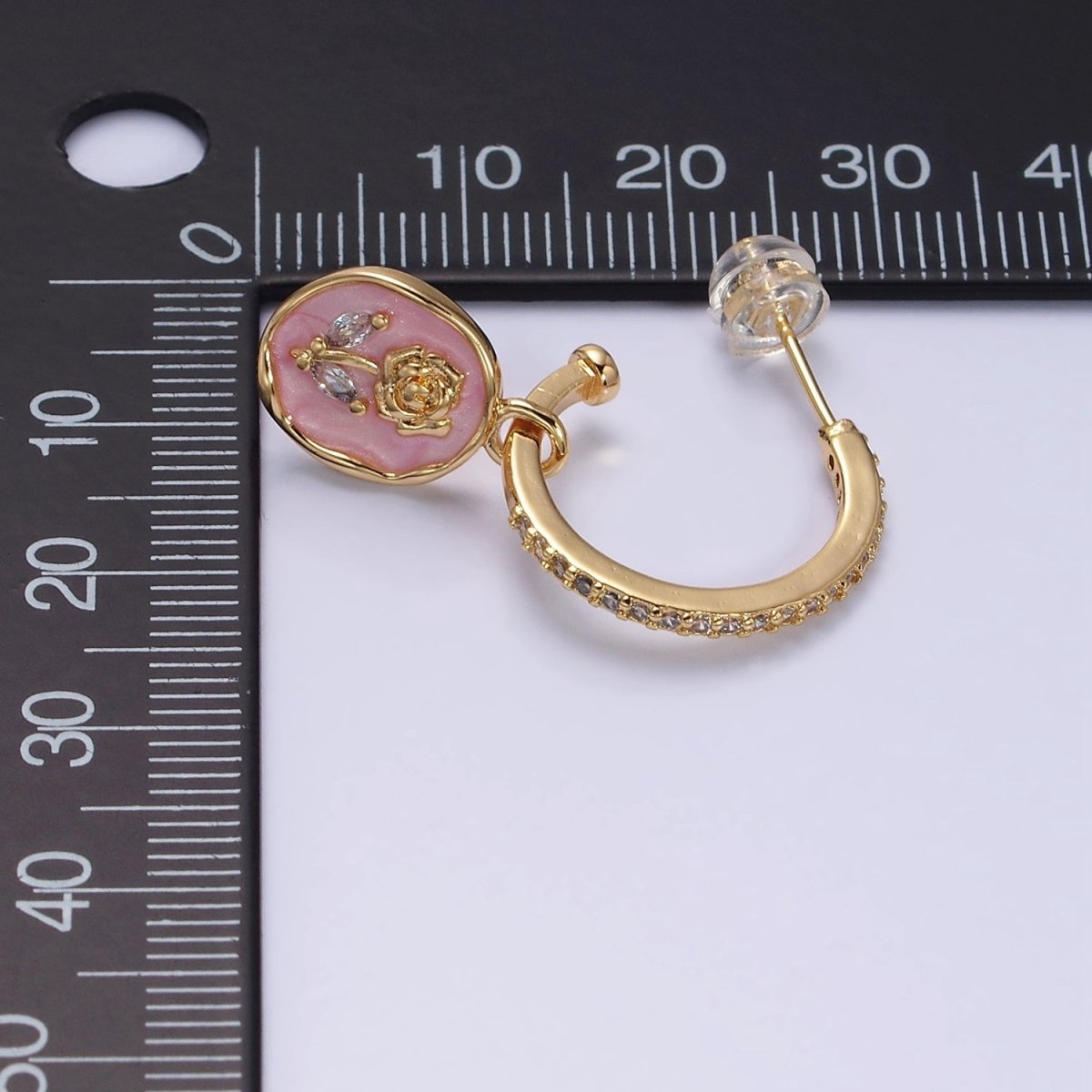 16K Gold plated Rose Flower Marquise White, Pink Enamel Drop Micro Paved C-Shaped Hoop Earrings in Gold & Silver | AD1012 - AD1015
