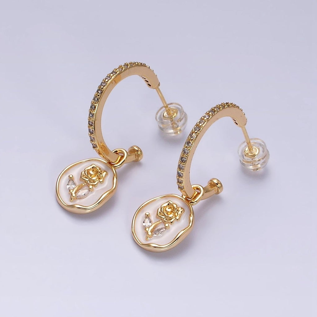 16K Gold plated Rose Flower Marquise White, Pink Enamel Drop Micro Paved C-Shaped Hoop Earrings in Gold & Silver | AD1012 - AD1015